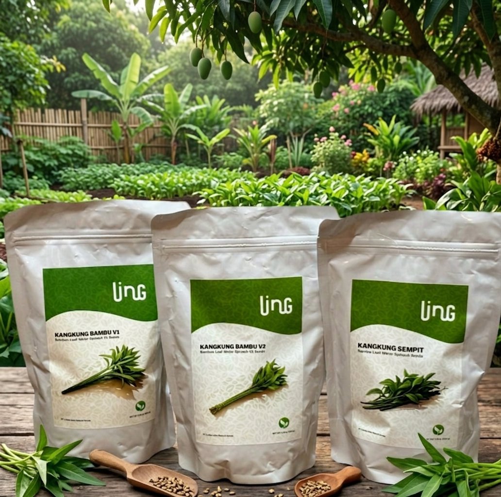 Ling-branded water spinach seed packets ready for wholesale and retail distribution